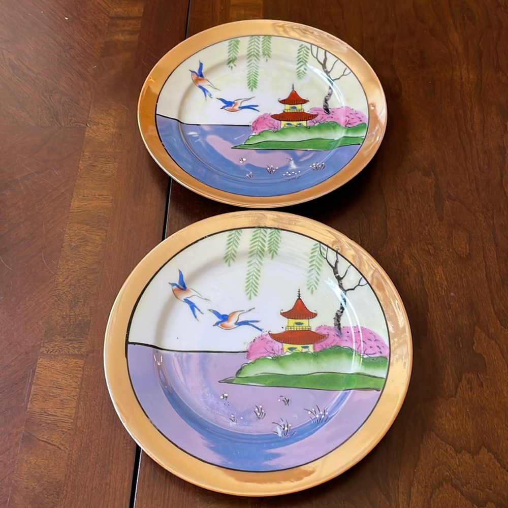 VTG set of 2 lusterware porcelain Japan plates pagoda birds scene